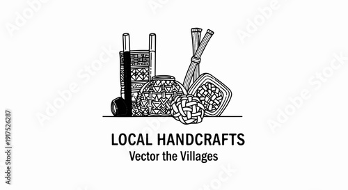 Hand-drawn illustration of woven items, pottery, and bundled reeds