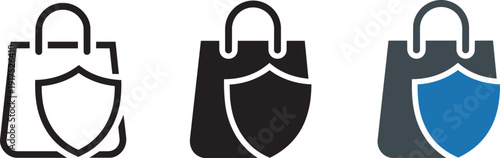 Shopping bag with shield icon for secure commerce in outline solid and blue color vector style