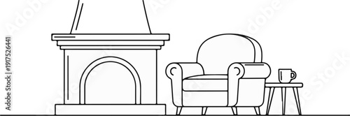 Minimalist line drawing of a fireplace, armchair, and side table with mug