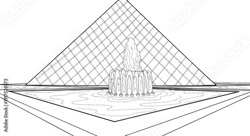 Glass pyramid with water fountain in foreground