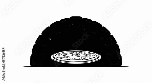Hand-drawn pizza in a domed oven on a white background