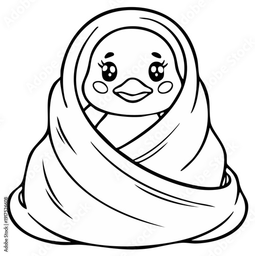 Adorable newborn duckling wrapped in a cozy swaddle blanket coloring page illustration