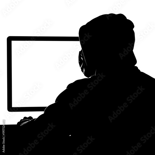 black silhouette of a person wearing a mask behind computer hacker concept cyber security concept  