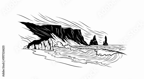 Jagged cliffs face rough waves crashing onto a sandy beach under stormy skies