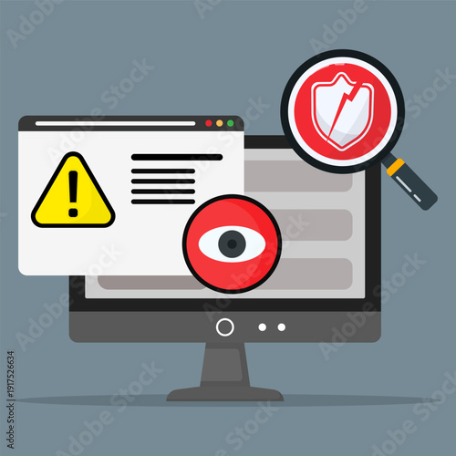 Computer security alert with warning sign, surveillance eye and broken shield under magnifier. Symbolizing cyber attack, data breach and scam alert.