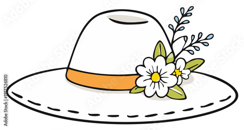 Cartoon white sun hat with orange band and blooming daisy flowers cheerful spring summer illustration