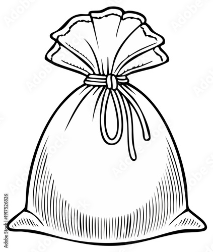 Hand-drawn illustration of a closed drawstring bag filled and tied at the top.
