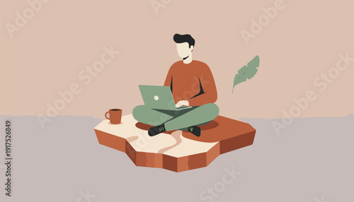 Illustrative depiction of a focused person embracing remote work on a unique floating platform, symbolizing digital independence and career growth and development