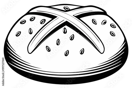 Illustration of a bread roll with seeds and a cross design in black and white