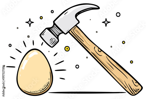 Vibrant cartoon illustration of a hammer poised over a glowing, fragile egg