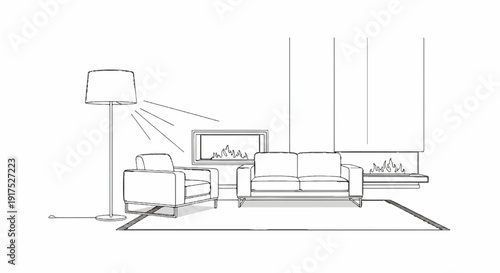 Minimalist living room scene with a modern fireplace, sofa, armchair, and floor lamp