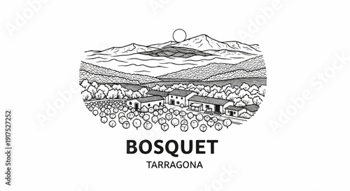 Hand-drawn sketch of a rural landscape with buildings and fields under mountains