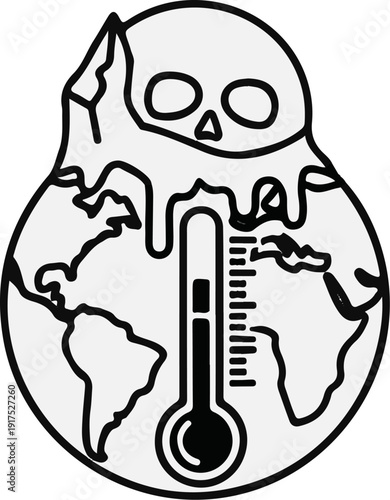Global warming symbol showing melting ice, skull, earth, and thermometer