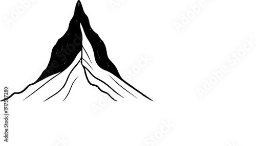 Hand-drawn sketch of a sharp mountain peak with dark shading and snow
