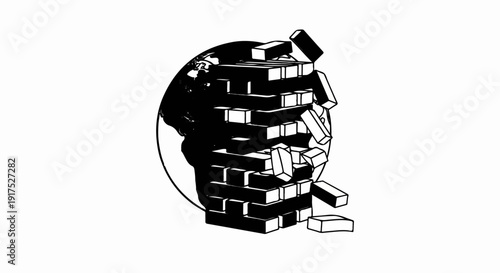 Globe being destabilized by a precarious tower of falling blocks