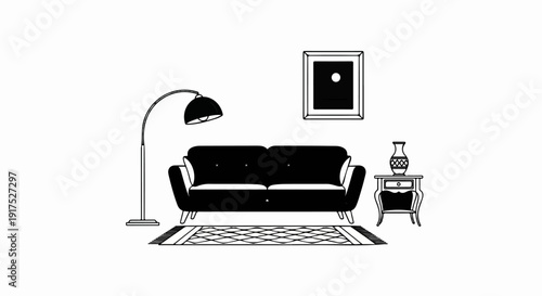 Minimalist living room scene with a sofa, lamp, rug, side table, and framed art