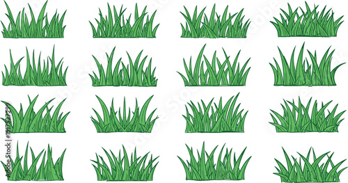 Flat vector illustration of green grass patches set, hand drawn lawn foliage collection, decorative garden nature landscaping elements
