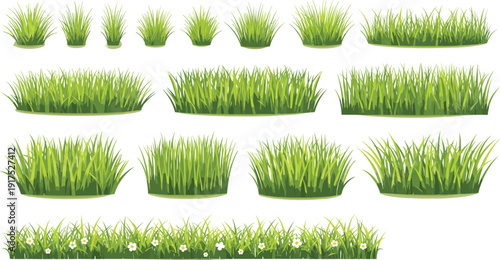 Flat vector illustration of green grass patches set, lawn foliage collection, decorative meadow plants, natural garden landscaping elements