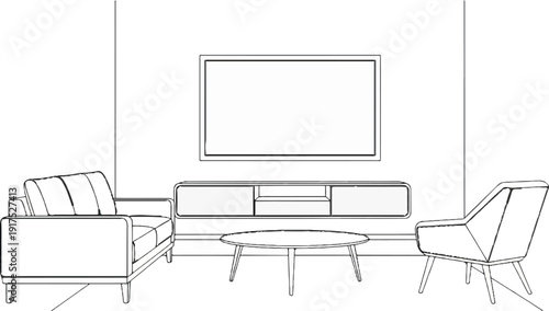 Minimalist living room sketch with sofa, armchair, table, and TV