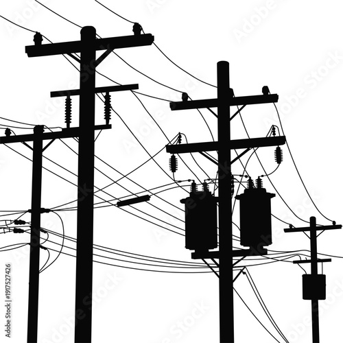 Silhouette of utility power poles and electrical transformers with overhead cables against clear sky, urban electricity distribution infrastructure network, industrial energy concept background