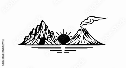 Jagged mountains and smoking volcano at sunrise over water