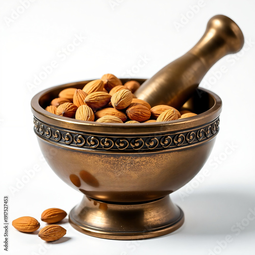 A bronze mortar and pestle filled with various nuts and seeds.