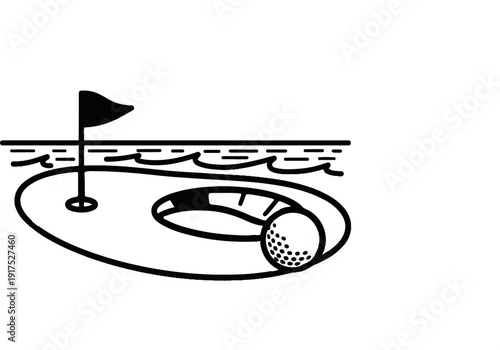 Golf ball near a hole and flag on a green with wavy water lines