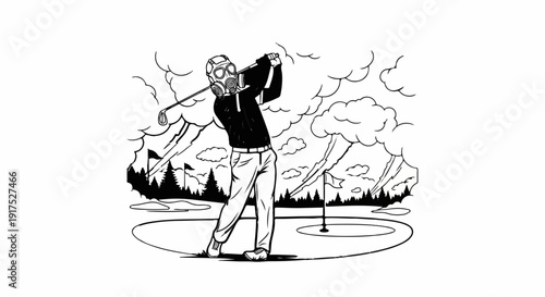 Golfer in gas mask swings club amidst cloudy, smoky landscape with flags