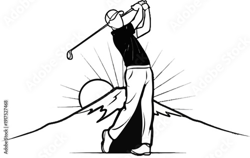 Golfer swings club with sun and mountains behind