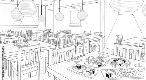 Hand-drawn sketch of a Japanese restaurant interior with sushi platters on tables