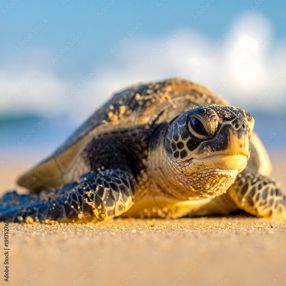 Obraz premium A close-up photo of a turtle on a sandy beach