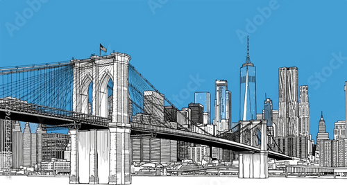 Ink sketch of a famous bridge and city skyline against a bright blue sky