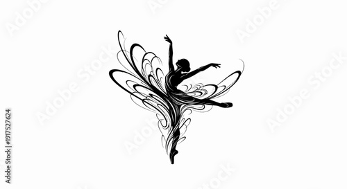 Graceful black silhouette of a ballerina in motion, surrounded by swirling abstract lines