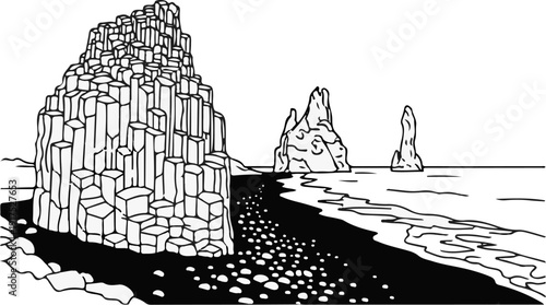 Jagged rock formations rise from a dark, pebble-strewn shore to the sea