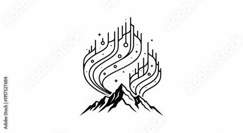 Minimalist mountain peak illuminated by abstract aurora borealis lines