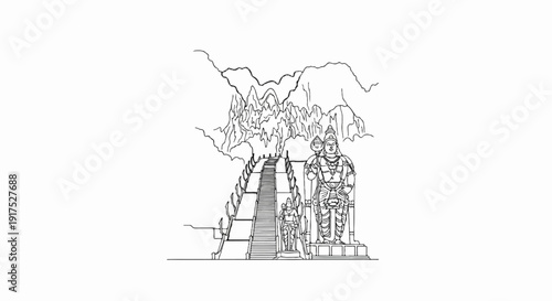 Majestic stairway leading to ancient statues under rocky formations