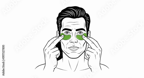 Man applying green under-eye patches, close-up, line art