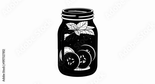 Jar with sliced cucumbers and mint leaves, infused water
