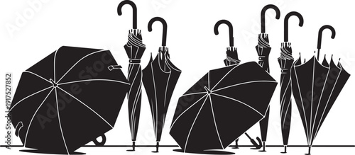 Black umbrellas in various positions on white background illustration