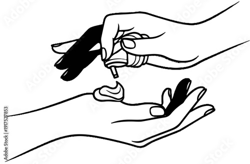 Hands applying lotion from a dispenser onto a palm