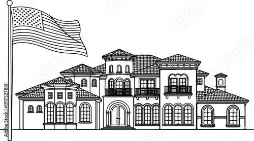 Grand estate with flag, detailed architectural drawing