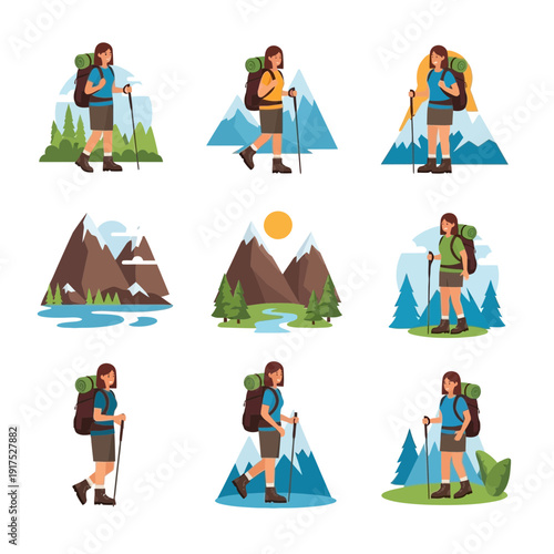 Hikers with backpacks and trekking poles in mountain landscapes.