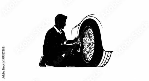 Man cleaning car wheel rim with spray can