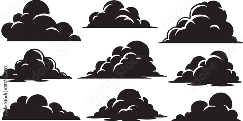 Collection of black cloud silhouettes on white background vector