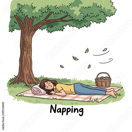 Person sleeping on a blanket under a tree with a basket.
