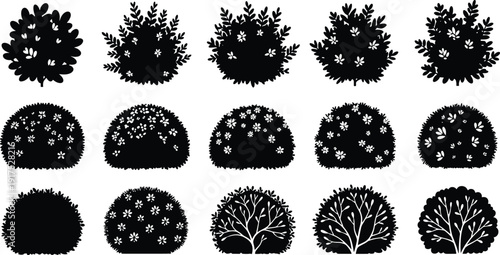 Flowering bush silhouette collection set, decorative garden shrub shapes, black botanical foliage elements for landscape design, flat vector illustration