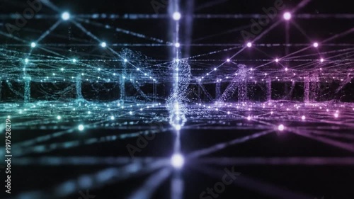 A digital network glows with interconnected data points, forming a complex structure in gradient colors