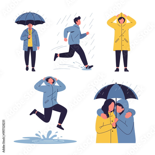 People in raincoats holding umbrellas and running in the rain.