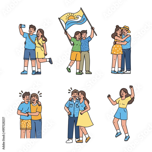 Couples embracing, taking selfies, and celebrating together in various poses.