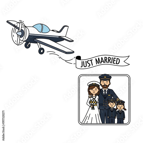 Airplane with "just married" banner flies near a framed image of a couple.